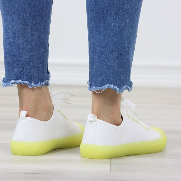 White Canvas Sneakers Yellow Sole Lace-Up Casual Everyday Comfort - Picture 8 of 14